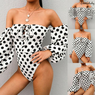 

Sexy Womens Lady Off Shoulder Jumpsuits Long Sleeve Polka Dot Tops Rompers