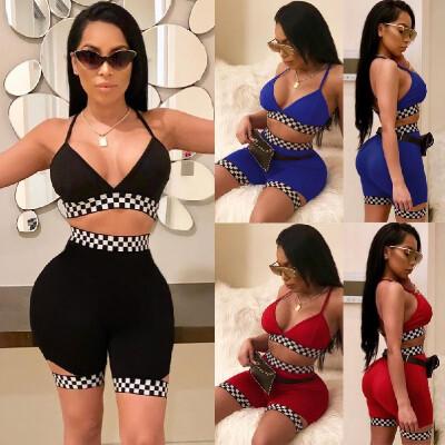 

Sexy Women Checkboard Two Piece Set Summer Outfits V Neck Crop Top&Shorts Club Tracksuits