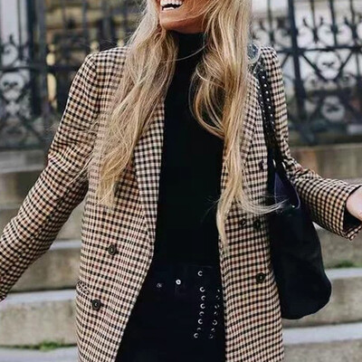 

Roseonmyhand Fashion Women Coat Retro Button Lattice Shoulder Pads Suit Coats Blouse