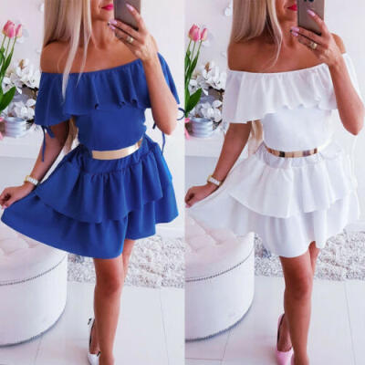 

Womens Boho Ruffle Chiffon Summer Party Evening Beach Short Mini Dress Sundress