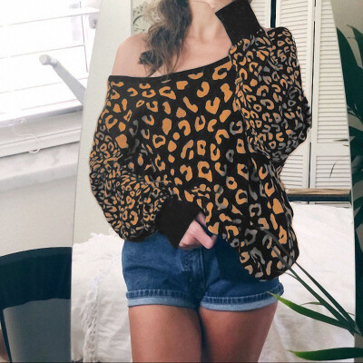 

Fashion Casual Women Oblique collar Strapless shoulder Sexy Leopard Printing Loose Sweatshirt