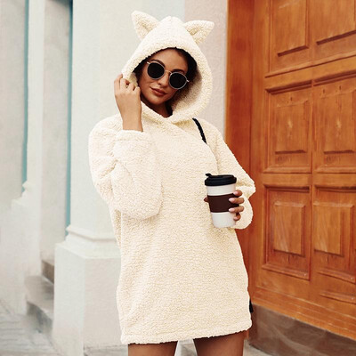 

Fashion Women Winter Fluffy Solid Color Hoodie Longline Hooded Long Sleeve Ear Thick Warm Casual Pullover Coat