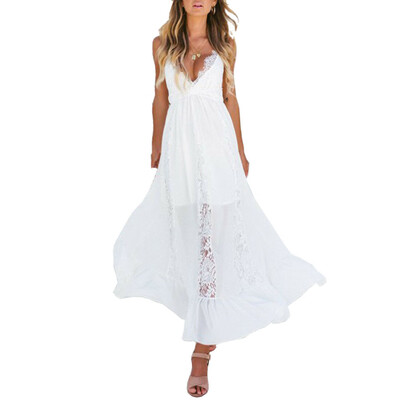 

Boho Women Long Dress Backless Halter V Neck Maxi Beach Bohemia Dresses Sundress