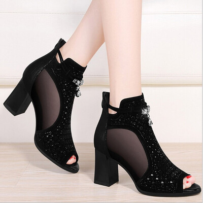 

Rose Women Fashion Crystal Fish Mouth Hollow Out Peep Toe Sandals High Heeled Shoes