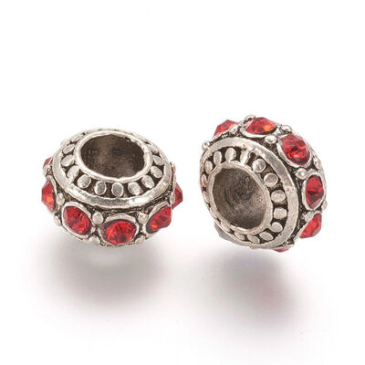 

Alloy Rhinestone European Beads Large Hole Beads Rondelle Antique Silver Light Siam 13x7mm Hole 5mm