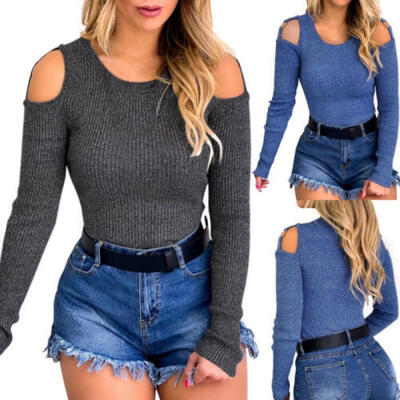 

Fashion Women Solid Color Long Sleeve T Shirt Casual Slim Tops Sweater Blouse US