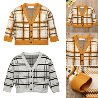 

US Baby Boy Girl Knitt Wool Button Sweater Warm Cardigan Plaid Coat Top Outwear