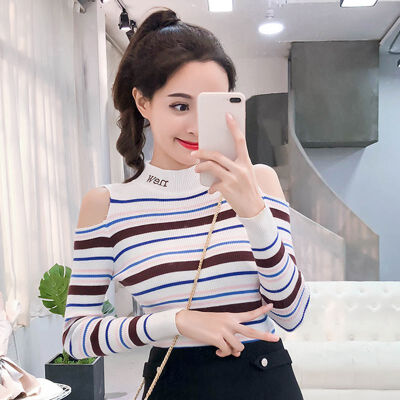 

Fashion Stripes Print Women Sweater Autumn Winter New Slim Long-Sleeved Round Neck Sexy Slim Bottom Knit Sweater