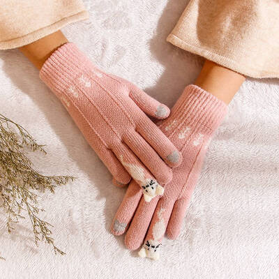 

Warm Winter Knitted Full Finger Gloves Mittens Women Cute Cartoon Cats Touchable Screen Gloves