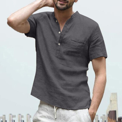 

Toponeto Mens Baggy Cotton Linen Solid Color Short Sleeve Retro T Shirts Tops Blouse