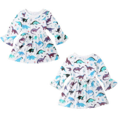 

NEW Toddler Kids Baby Girls Long Sleeve Skirts Floral Dinosaur Printed Dresses