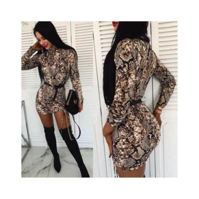 

Womens Bodycon Long Sleeve Snake Pattern Mini Dress Cocktail Party Evening Sexy