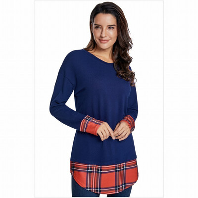 

Round neck long sleeve plaid stitching long loose womens T-shirt top