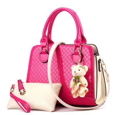 

2PcsSet Bear Pendant Embossed Tote Handbag Crossbody Shoulder Pouch Clutch Bag