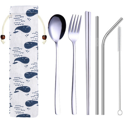 

Portable Travel Dinneware Set Stainless Steel Spoon Straws Chopsticks Fork Set With Linen Bag Kitchen Tableware