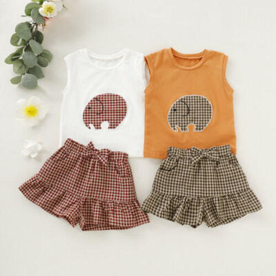 

2PCS Toddler Baby Girl Summer Clothes Sleeveless Tops T-shirt Plaid skirt Outfit