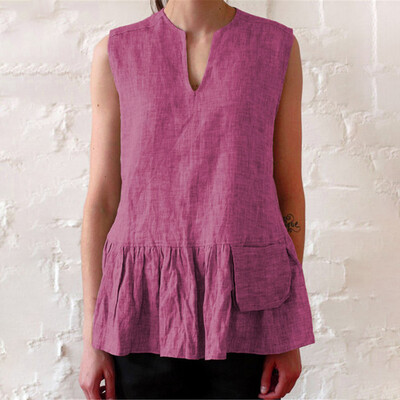

Women Solid Sleevless Blouse Summer V Neck Tank Tops Plus Size Loose T Shirt