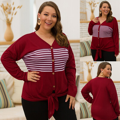 

Gobestart Womens Plus Size Casual V-neck Striped Stitching Button Bow Long-Sleeved Tops