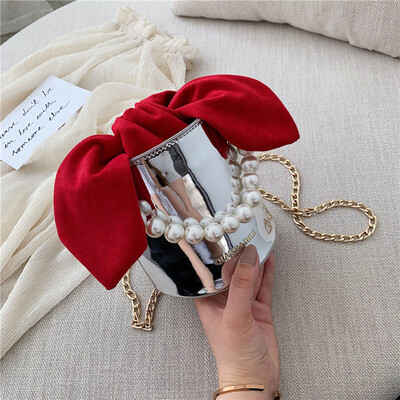 

2019 Pearl Handle Mini Bucket Tote Bag Women Patent Leather Small Handbag Bow Cute Jelly Shoulder Bag Sweet Girls Crossbody Bag