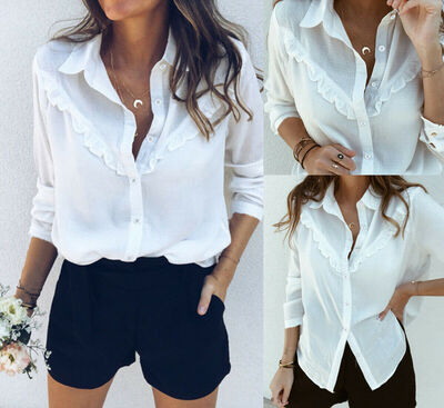 

Spring Women Casual Long Sleeve Loose Blouse OL Ladies V Neck Shirt Top