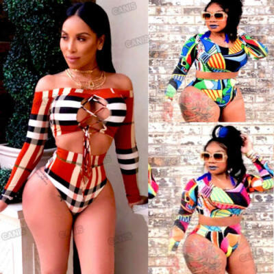 

Women Floral Long Sleeve Swimwear Bikini Set Push-up Padded Bra Bathing Swimsuit