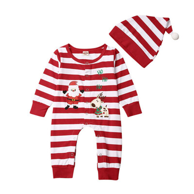

My First Christmas Newborn Baby Boy Girl Clothes Striped RomperHat Xmas Outfits