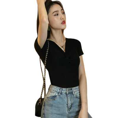 

Summer Female Harajuku T-shirt Sexy V Neck Solid Short Sleeve tshirt Knitted t shirt Women with Knot