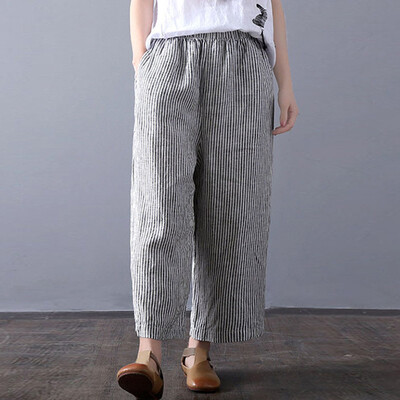 

Woman Striped Pants Fashion Loose Striped Full Pants Casual Pants