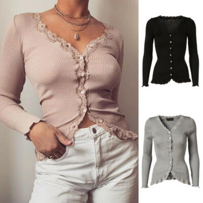 

Plus Size Women V Neck Button Down Knit Shirt Long Sleeve Blouse Tops Autumn