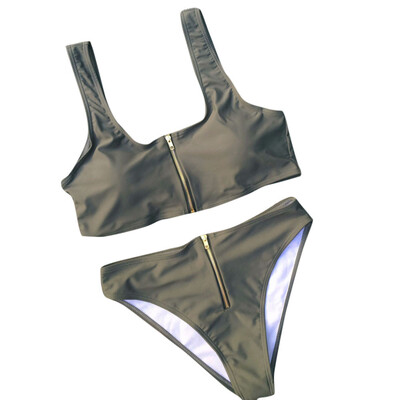 

Saidsome Women Pure Color High Waist Zipper Bikini Padded Swimsuit Bathing Beachwear