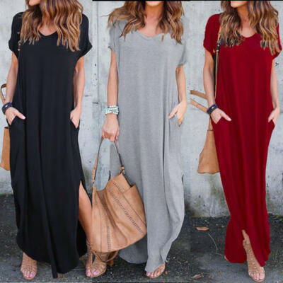 

Women Oversized Summer Loose Short Sleeve Soild Casual Long Maxi Dress Plus Size