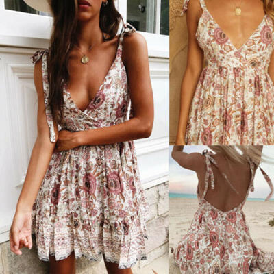 

Women Summer Boho Short Mini Dress Evening Cocktail Party Beach Dress Sundress