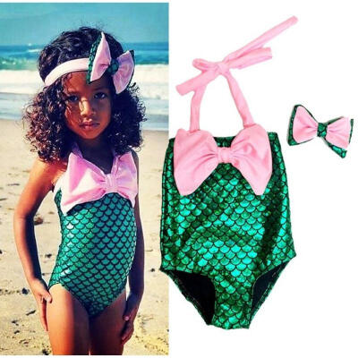 

Fashion Toddler Kids Girls Mermaid Bikini Set Swimwear Bow Headband Swimsuit Outfits