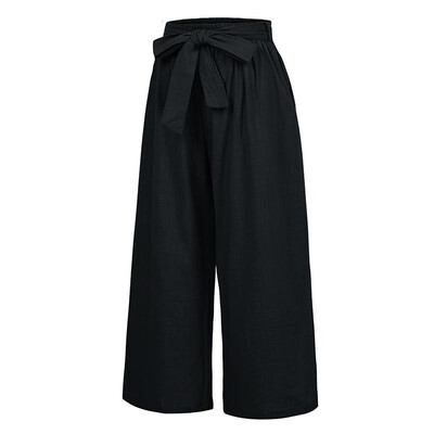 

New Women Summer Casual Loose Wide Leg Pants Elastic Waist Trousers Cotton Long Pants BlackBrownDark Green