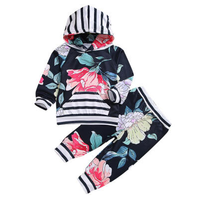 

2pcs Kids Boy Girls Floral Stripe Print Hoodies Long Sleeve Tops Pants Set