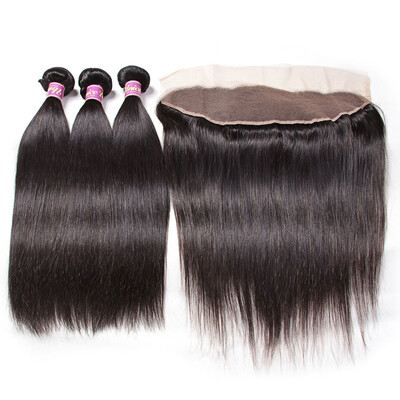 

13x4 Frontal Closure With Brazilian Straight Virgin Human Hair Bundles Pre Plucked