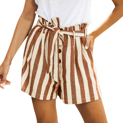 

Tailored Fashion Women Summer Striped Print Buttons Bandage Cotton And Linen Short Pants