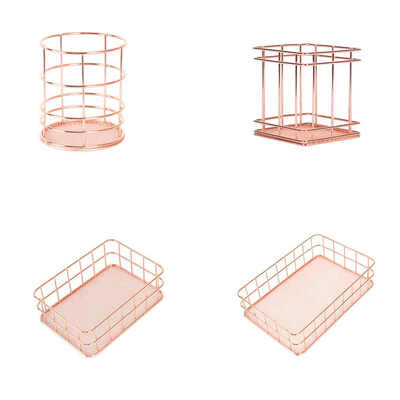 

Home Nordic Style Iron Rose Gold Rectangle Desktop Storage Basket Home Organizer Pencil Brush Cup Cosmetics Magazine