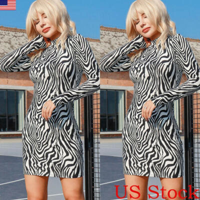 

WOMEN LADIES GIRLS LONG SLEEVE MIDI DRESS STRETCH BODYCON ZEBRA PRINT JERSEY -L