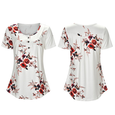 

Nomeni Women Casual Short Sleeve Button Pleated Loose Tunic Printed Blouse Tops Shirt