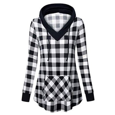 

Starmoon Women Hooded Pocket Plaid Hooded Sweater V-Neck Shirt And Top Blouse