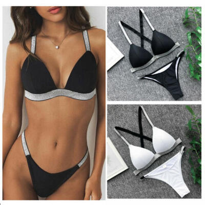 

2PCS Women Sexy Swimwear Solid Color Padded Bra TopsThong Bottoms Bikini Sets