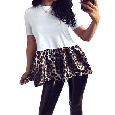 

Female T-shirt Fashion O-neck Casual Plus Size Short-sleeved Solid Color Stitching Leopard Flower Knitted Regular T Shirt