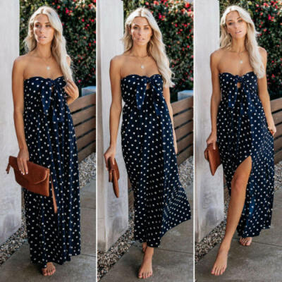 

Womens Polka Dot Maxi Dress Boho Evening Party Summer Beach Casual Long Sundress