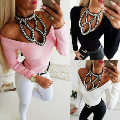 

2019 Womens Cold Shoulder Tops Ladies Long Sleeve Backless Sexy Blouse Shirts