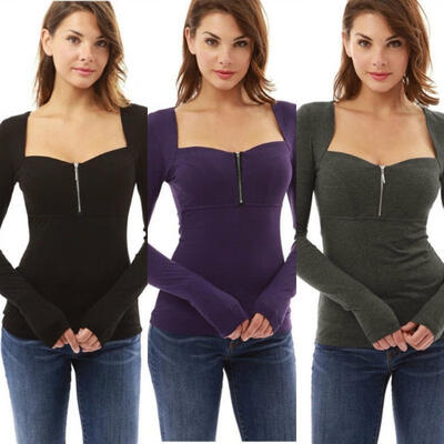 

Fashion Women Ladies Slim Long Sleeve Tops Blouse Shirt Casual Cotton T-Shirt Zipper