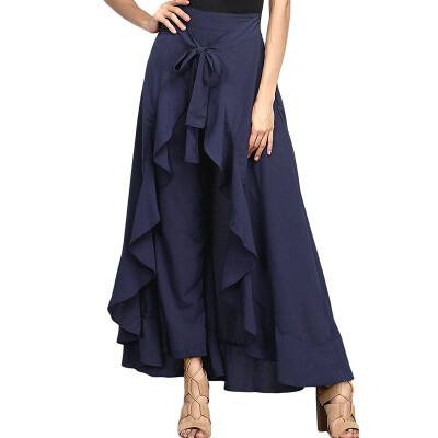 

Women Wide Leg Pants Ruffle Irregular Skirt High Waist Lace Up Loose Trouser