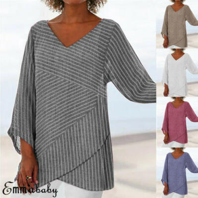 

New Womens V Neck Stripe Long Sleeve Loose Shirt Ladies Asymmetric Blouses Tops