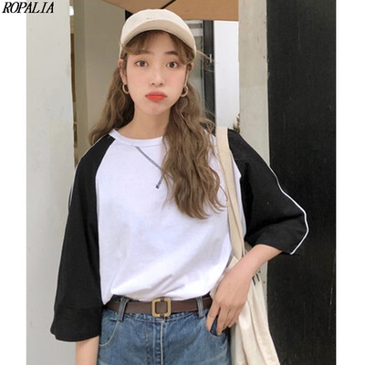 

Womens INS O-Neck Half Sleeve Color Block Patchwork Loose T-Shirt Simple Korean Style Casual T-Shirts