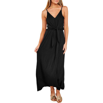 

Women Temperament Deep V Summer Solid Color Mid-length Sleeveless Sling Casual Dress